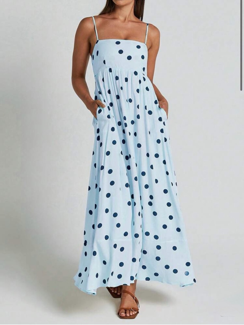 Light Blue Polka Dot Maxi Sundress with Spaghetti Straps